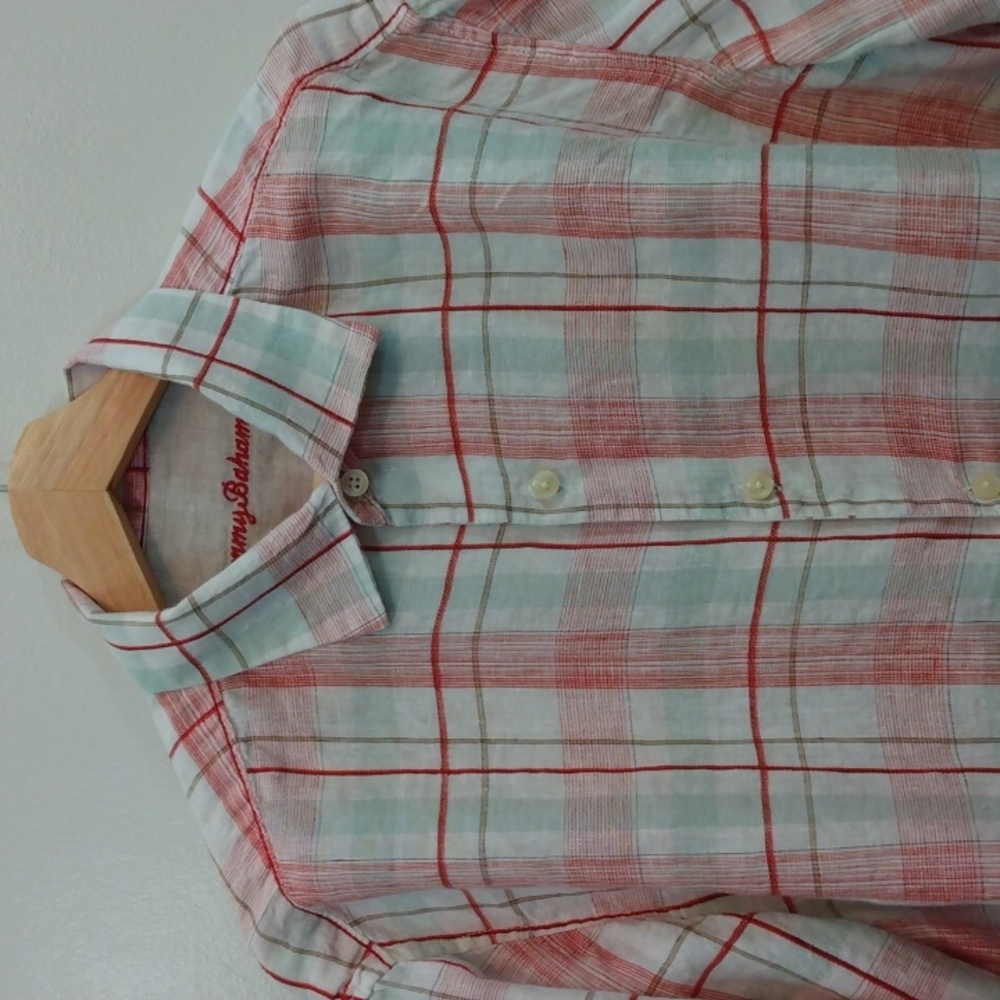 Tommy Bahama Large Red/Green/White Plaid Linen Shirt